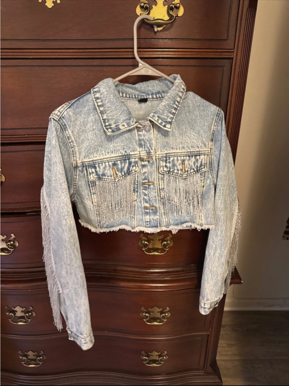 SHEIN Light Blue Cropped Fringe Denim Jacket